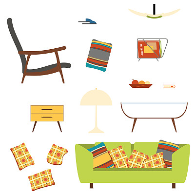 一套70年代风格的绿色沙发和扶手椅的客厅室内物品。图片下载