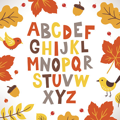 手绘拉丁字母与鸟类，橡树叶，橡子，浆果素材图片