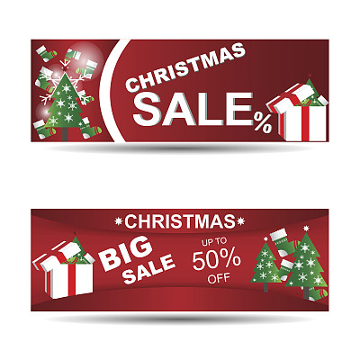 圣诞横幅设置大销售圣诞树，散焦和圣诞老人的靴子，雪花矢量插图。图片下载