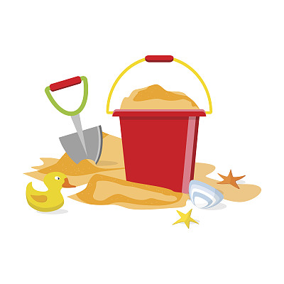 夏季时间平坦设计。向量。沙滩玩具孤立。桶，铲子，海星，桶，小鸭，贝壳，沙子。素材图片