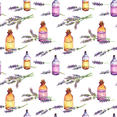 熏衣草花，油香水瓶。无缝模式按摩，替代医学。水彩图片下载