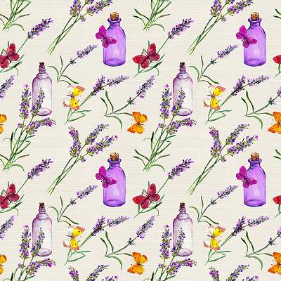 薰衣草花，油瓶，蝴蝶。无缝图案，设计美观。水彩图片下载