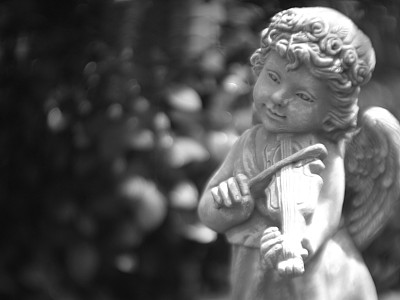 黑白艺术摄影雕像丘比特在花园里图片下载