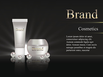 暗色背景上的化妆霜和珍珠。设计，广告，横幅，矢量逼真的3D图片下载