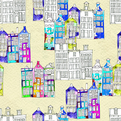 无缝模式的水彩阿姆斯特丹房子图片下载