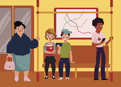 地铁车厢里的人们，坐着，站着，握着扶手图片下载