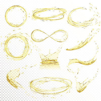 溅油隔离在白色背景。真实的黄色液体与下降创建梯度网格。矢量插图集。素材图片