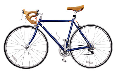 古董赛车/海军蓝的天空自行车经典风格，改装的备件，两个色调的自行车轮子，浅棕色的皮革自行车在孤立的白色背景图片下载