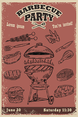 烧烤派对邀请模板。手绘烧烤和烧烤设计元素。矢量图图片下载