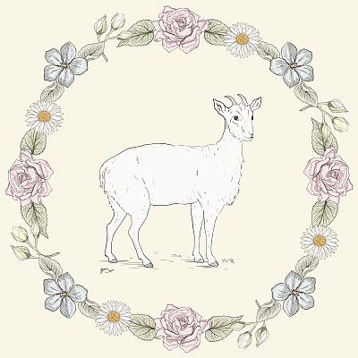 花框架和山羊复古雕刻风格图片下载