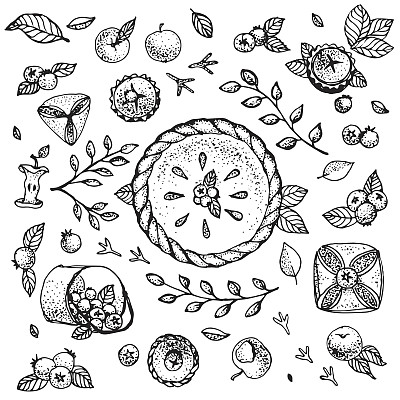 矢量剪贴与蓝莓，蛋糕，派，树叶，鸟的足迹和苹果。黑色和白色。图片下载