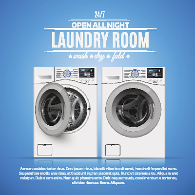 洗衣房的现实向量插图在蓝色的背景图片下载