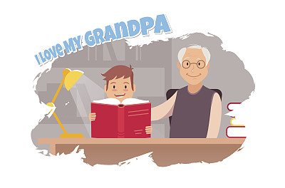 快乐爷爷和小男孩一起在家看书。图片下载