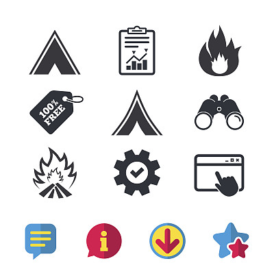 旅游露营帐篷标志。火灾火焰图标。图片下载