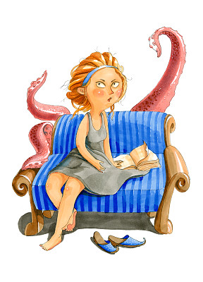 水彩插图孤立的白色背景。那个拿着书的女孩梦想着书中的一个童话故事，她读着书。图片下载