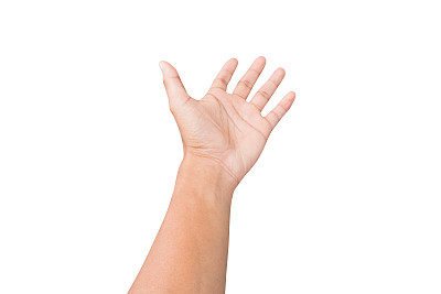 商人的左手表示空手相助，接受，举起或帮助他人。抓住行动。在白色背景上隔离图片下载