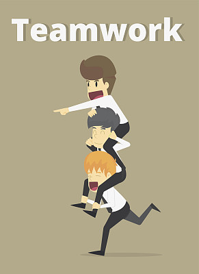 商人坐在同事的肩膀上，团队运作。着眼于建立长远的商业战略。商业卡通的成功理念是人的性格幸福。矢量图图片下载