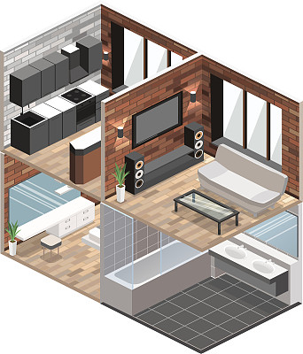 带有厨房、浴室、起居室和卧室的等距阁楼公寓图片下载