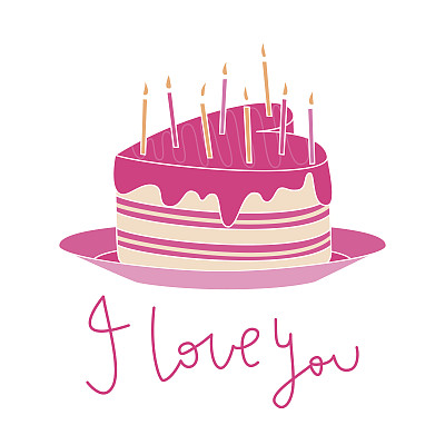 有粉色糖衣、蜡烛和爱情文字的心形蛋糕图片下载