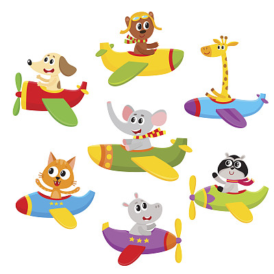 可爱的小动物宝宝，在飞机上飞行的宠物人物，飞机图片下载