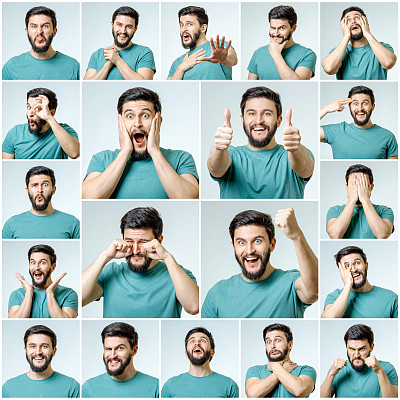 一套英俊的情绪男子孤立在灰色的背景图片下载