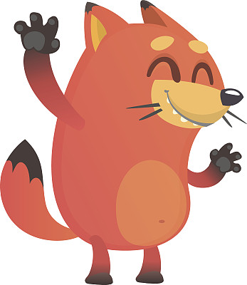 可爱滑稽的狐狸吉祥物挥着手，兴奋不已。矢量插图的一个狐狸图标孤立。儿童读物中的卡通人物。素材图片