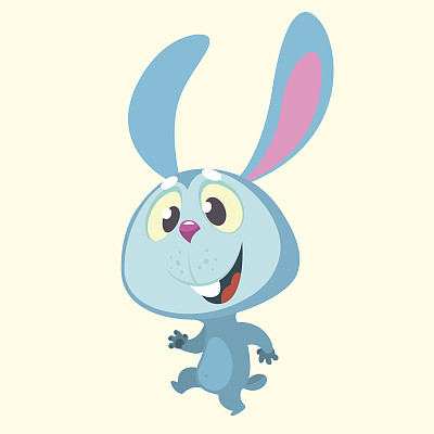 可爱的卡通蓝色兔子兔子角色跳舞。矢量插图的兔子图标孤立在白色图片下载