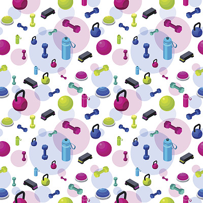 等距健身无缝模式与一套运动设备，彩色背景与哑铃，台阶平台，健身球，半球，瓶子，健身配件收集，矢量插图图片下载