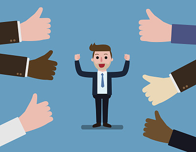 快乐自豪的商人身边有很多人竖起大拇指。业务概念恭维。矢量平面卡通人物图标设计。插图孤立在背景上素材图片