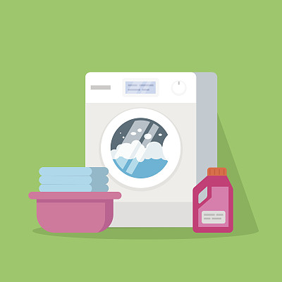 带水和泡沫的洗衣机，一个装有干净布草，布草粉或护发素的盆。矢量插图的高质量孤立在绿色背景。图片下载