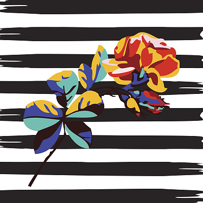 手绘枝玫瑰热带印花条纹图案复古春夏背景矢量插画设计，时尚，衬衫，纺织品，贺卡，请柬，婚礼图片下载