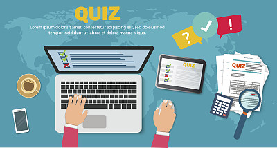 在线提问形式的笔记本上的矢量插图，人在电脑上工作，筛选测试电脑素材图片