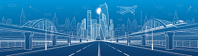 宽公路上的铁路桥。城市基础设施全景，现代城市背景，工业建筑。火车。飞机飞行。白线插图，夜景，矢量设计艺术图片下载