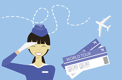 平面矢量插图，空服人员微笑，祝成功的方式。航空公司的广告。乘飞机旅行。图片下载