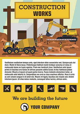 建筑工地。执行建筑工程的员工。特殊的设备。挖掘机、混凝土搅拌机。模板文本。标签、图标、标志。矢量插图。平的风格。图片下载