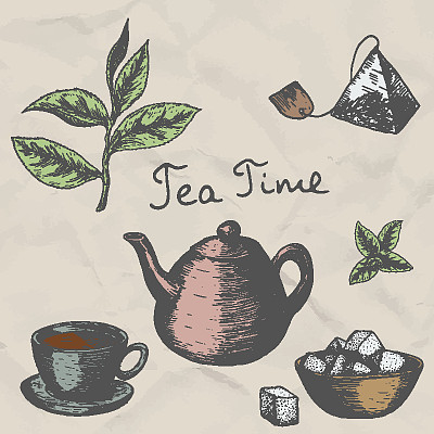 矢量集手绘茶插图。装饰墨古茶素描。素材图片