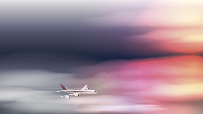 飞机在日落或黎明在云飞行-矢量插图图片下载