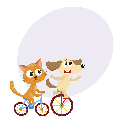 可爱的小狗和小猫，一起骑自行车的小猫角色图片下载