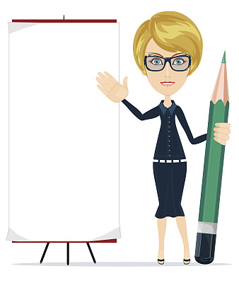 女人拿着一支铅笔，指着一张空白的海报。图片下载