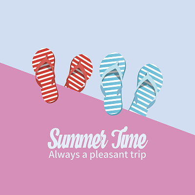 暑假假期概念，拖鞋和书法矢量平面插图图片下载