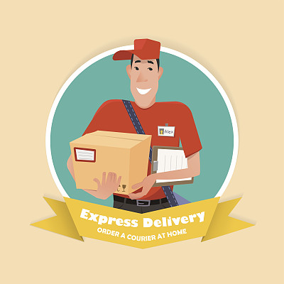 快递员服务图标：手提包裹的微笑快递员矢量图图片下载