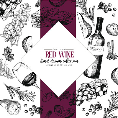 矢量手绘制的酒和开胃菜chevron模板插图。瓶子，玻璃杯，开瓶器，奶酪，水果和消费品。素材图片