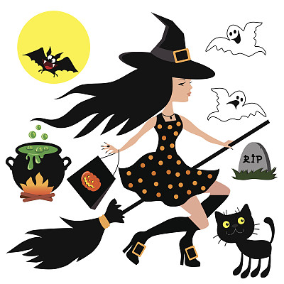 可爱的女巫在扫帚矢量插图图片下载