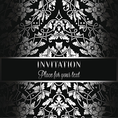 古色古香的花型请柬，奢华的黑银色复古框架和装饰性花边背景，维多利亚时代的旗帜，精致的壁纸装饰，巴洛克风格的时尚图案，设计模板图片下载