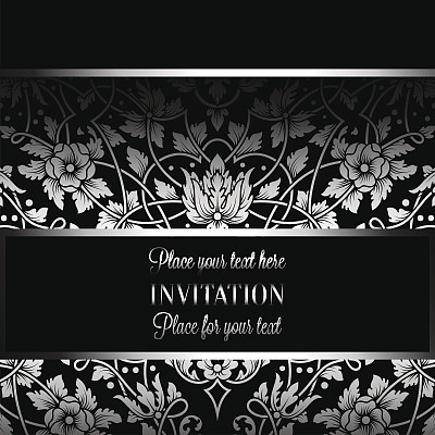 古色古香的花型请柬，奢华的黑银色复古框架和装饰性花边背景，维多利亚时代的旗帜，精致的壁纸装饰，巴洛克风格的时尚图案，设计模板图片下载