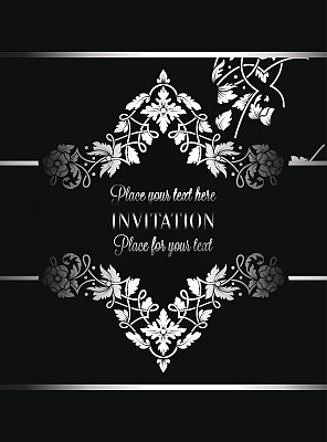 古色古香的花型请柬，奢华的黑银色复古框架和装饰性花边背景，维多利亚时代的旗帜，精致的壁纸装饰，巴洛克风格的时尚图案，设计模板图片下载