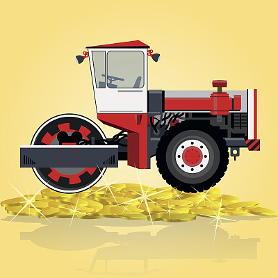 红色大压路机修路。金色压倒对方,roadroller。图片下载