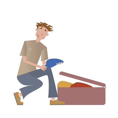 一个年轻人把东西放进手提箱。矢量插图，孤立在白色上。图片下载