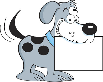 卡通狗嘴里叼着一个牌子。图片下载