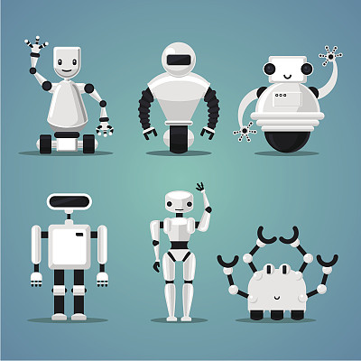 友好的机器人集合。未来的设计。电子玩具。素材图片
